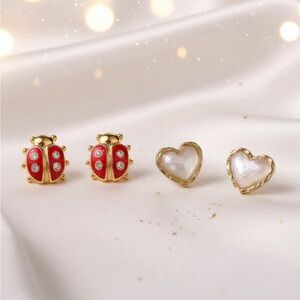 Gold and Red Ladybug and Heart Earrings